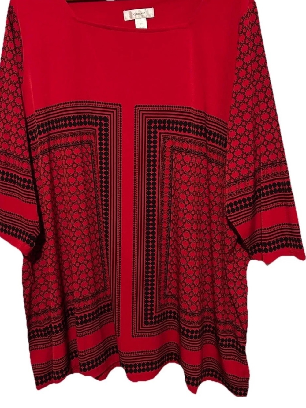 CJ Banks Top 3X Stretch Knit Artsy Red And Black Popover Shirt Blouse Plus Size